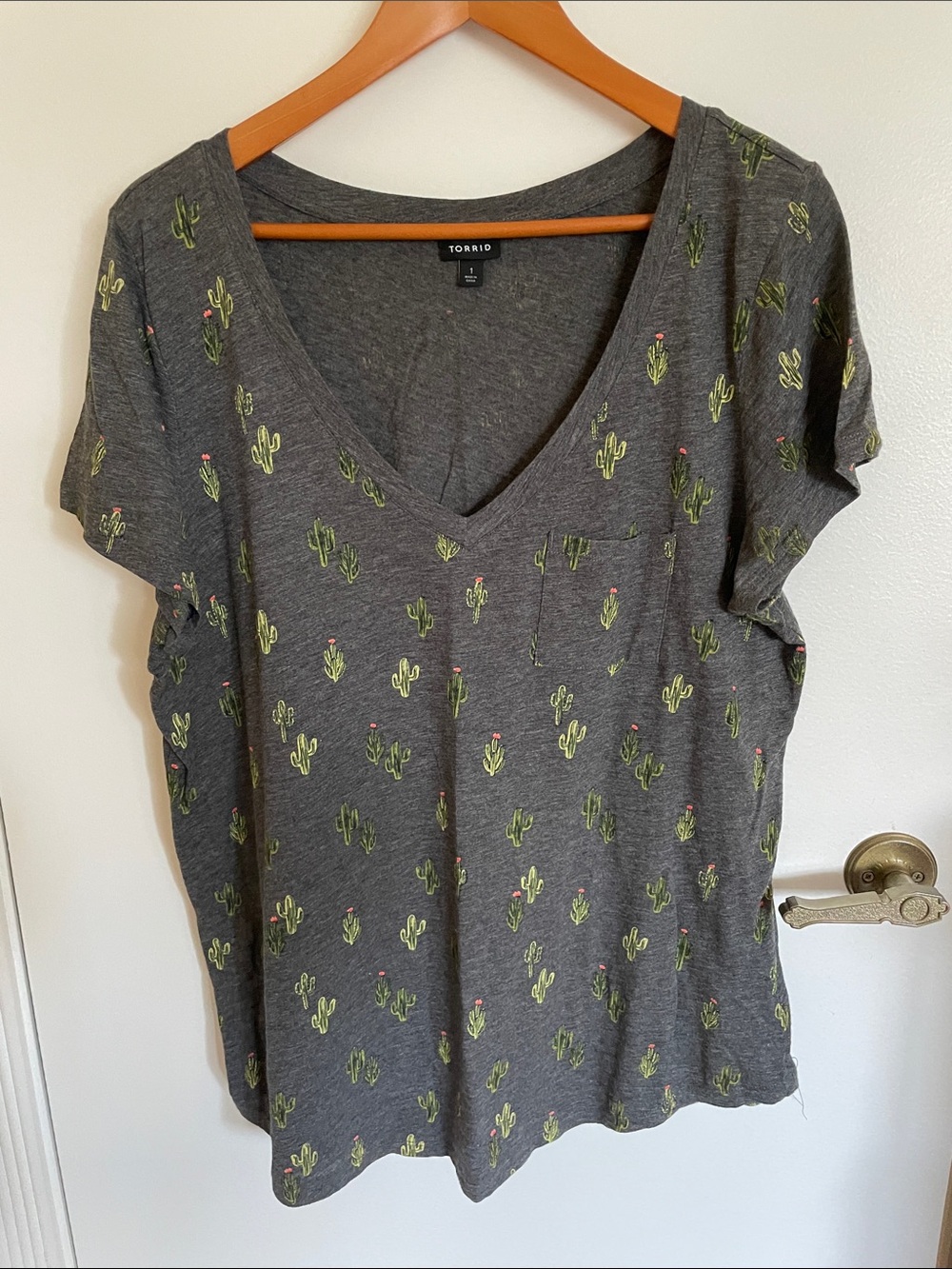torrid Charcoal V‑Neck Tee with Green Cactus Print